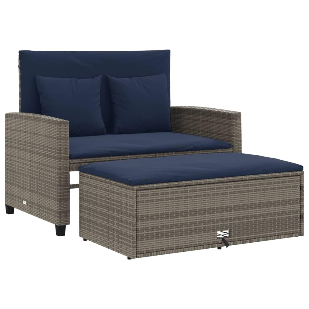 Grey Navy Blue PE Rattan Convertible Sofa Bed with Storage Footstool P672873