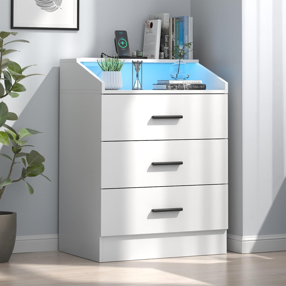 White 3 Drawer Nightstand with Charging Station D41931