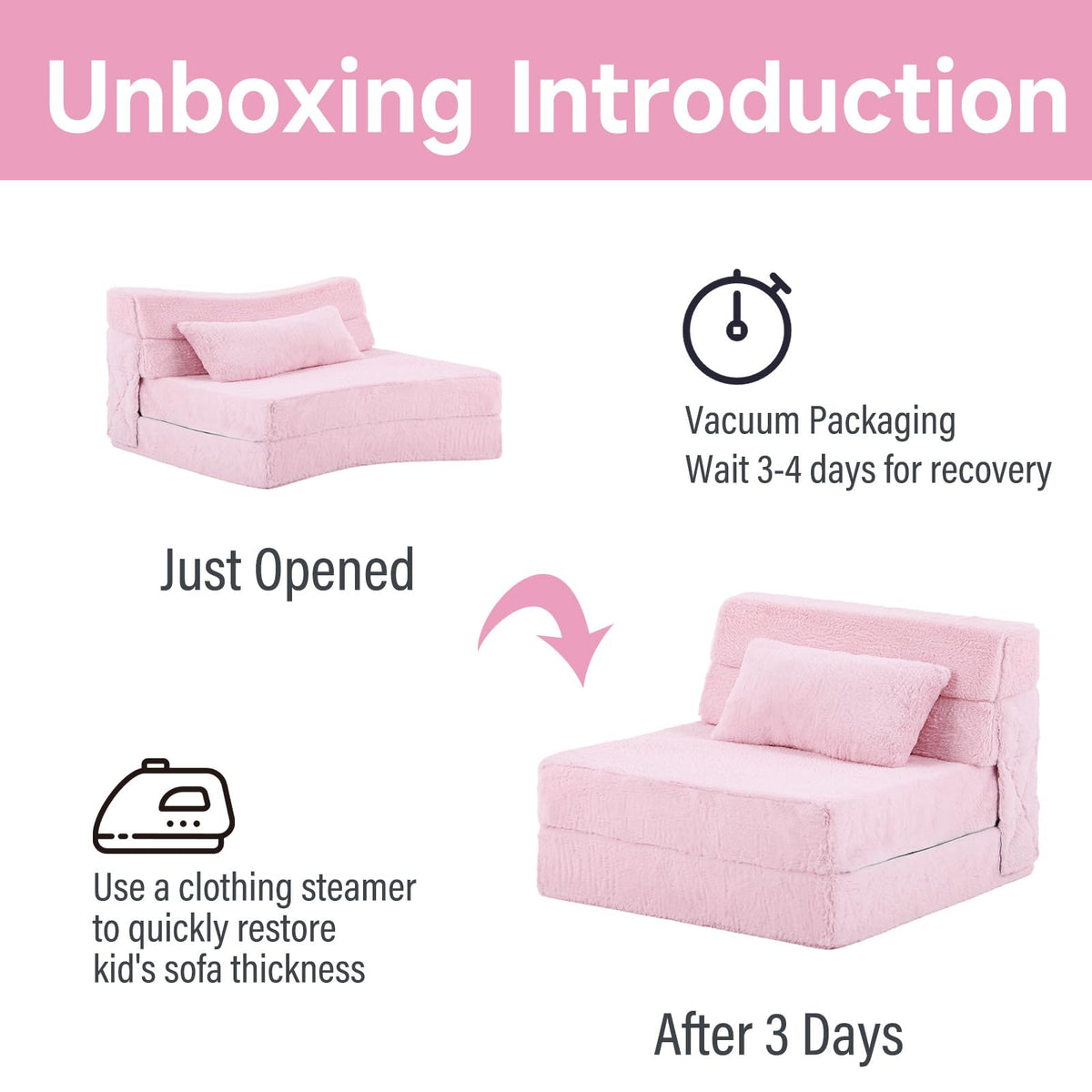 Pink Plush Convertible Folding Kids Sofa Bed with Pillow & Storage Bag J48309