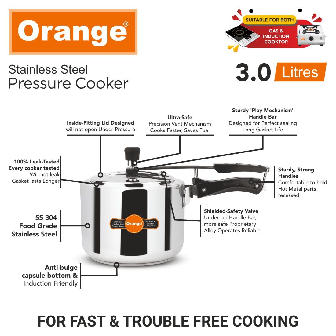 Orange Stainless Steel 3 Litre Pressure Cooker E22899