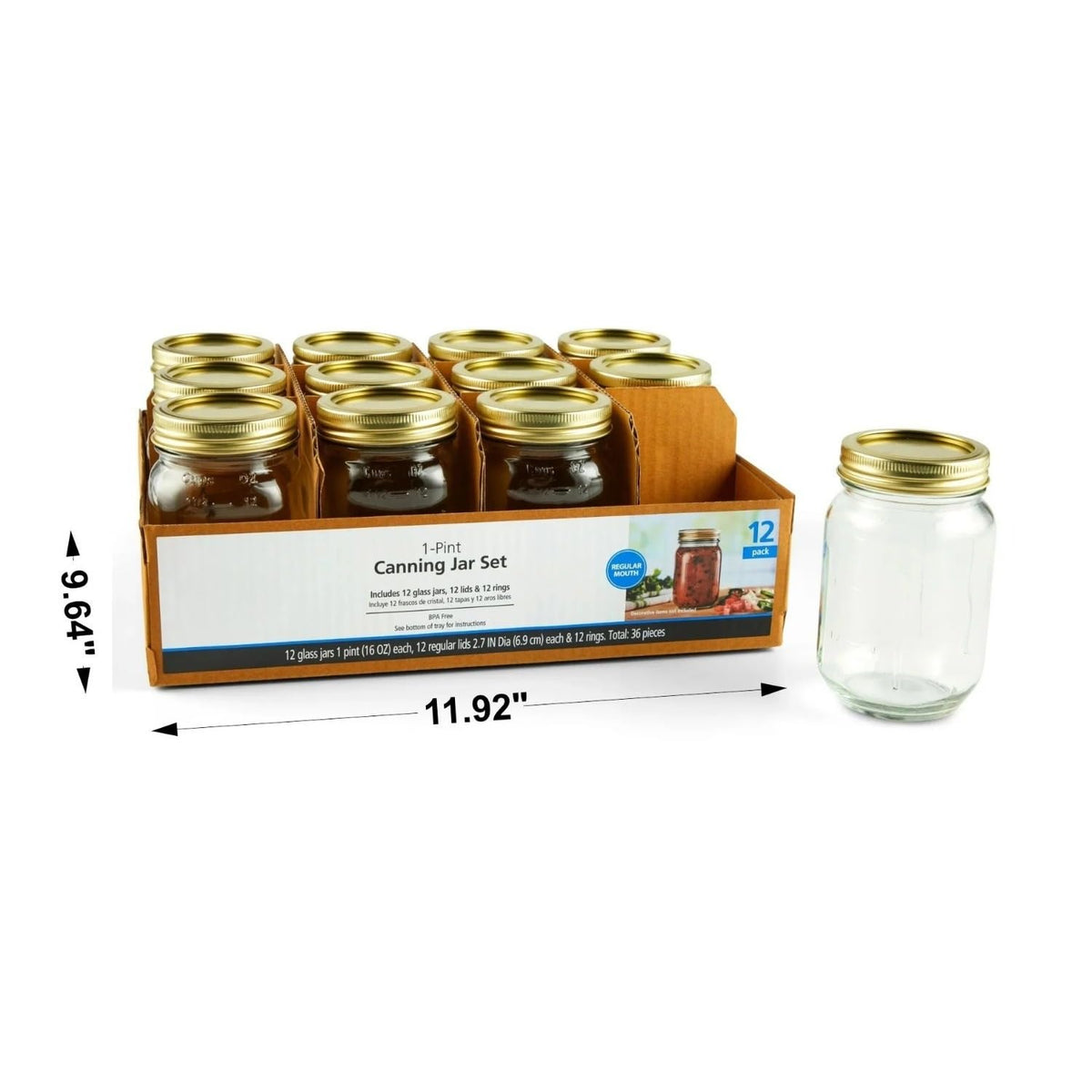 16 oz Regular Mouth Glass Mason Jars 12pk X571278