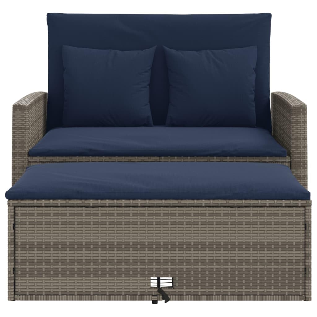 Grey Navy Blue PE Rattan Convertible Sofa Bed with Storage Footstool P672873