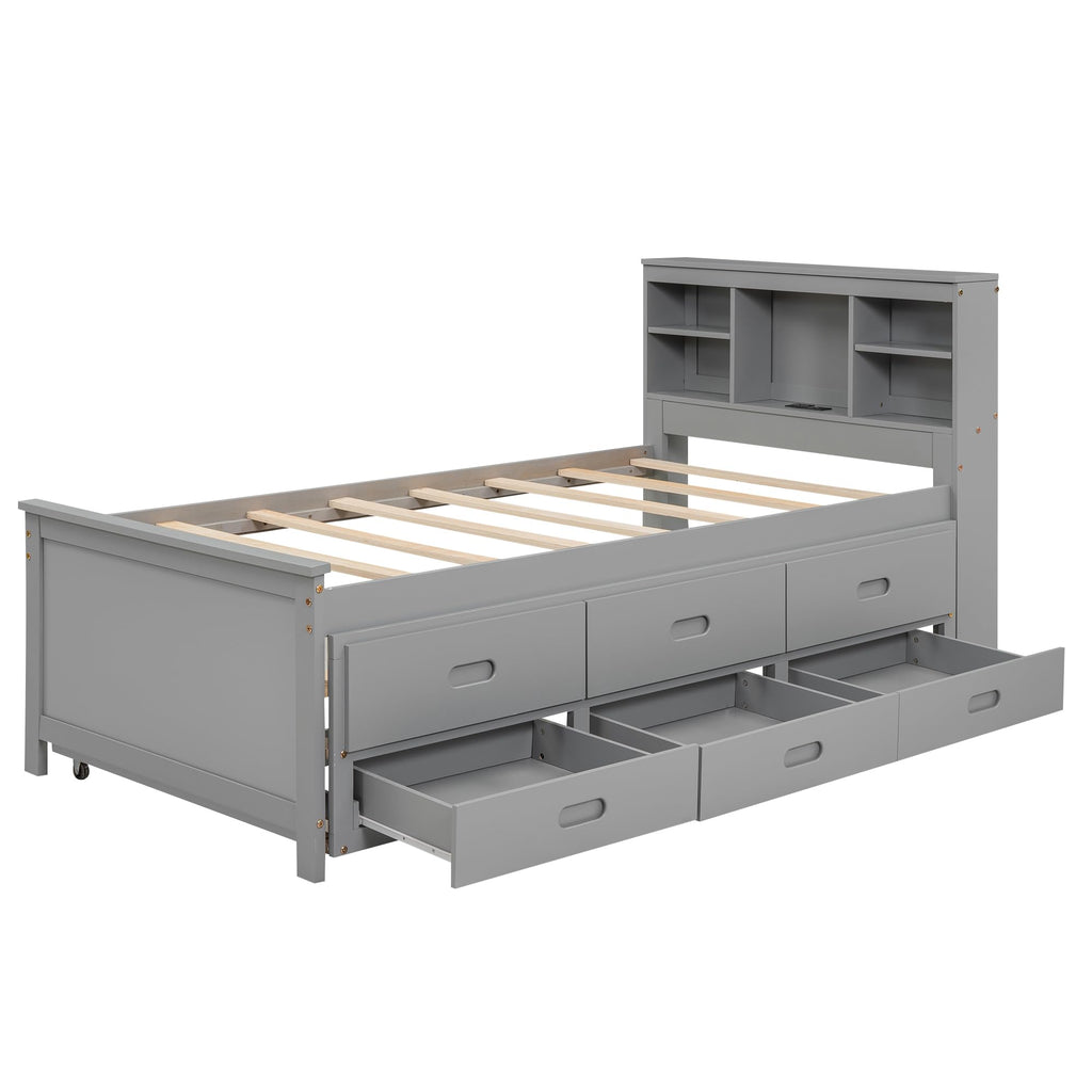 Twin Size Wood Platform Bed with Trundle and 3 Drawers E1215