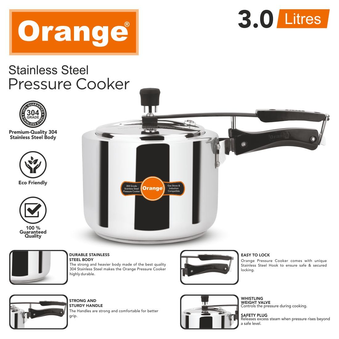 Orange Stainless Steel 3 Litre Pressure Cooker E22899
