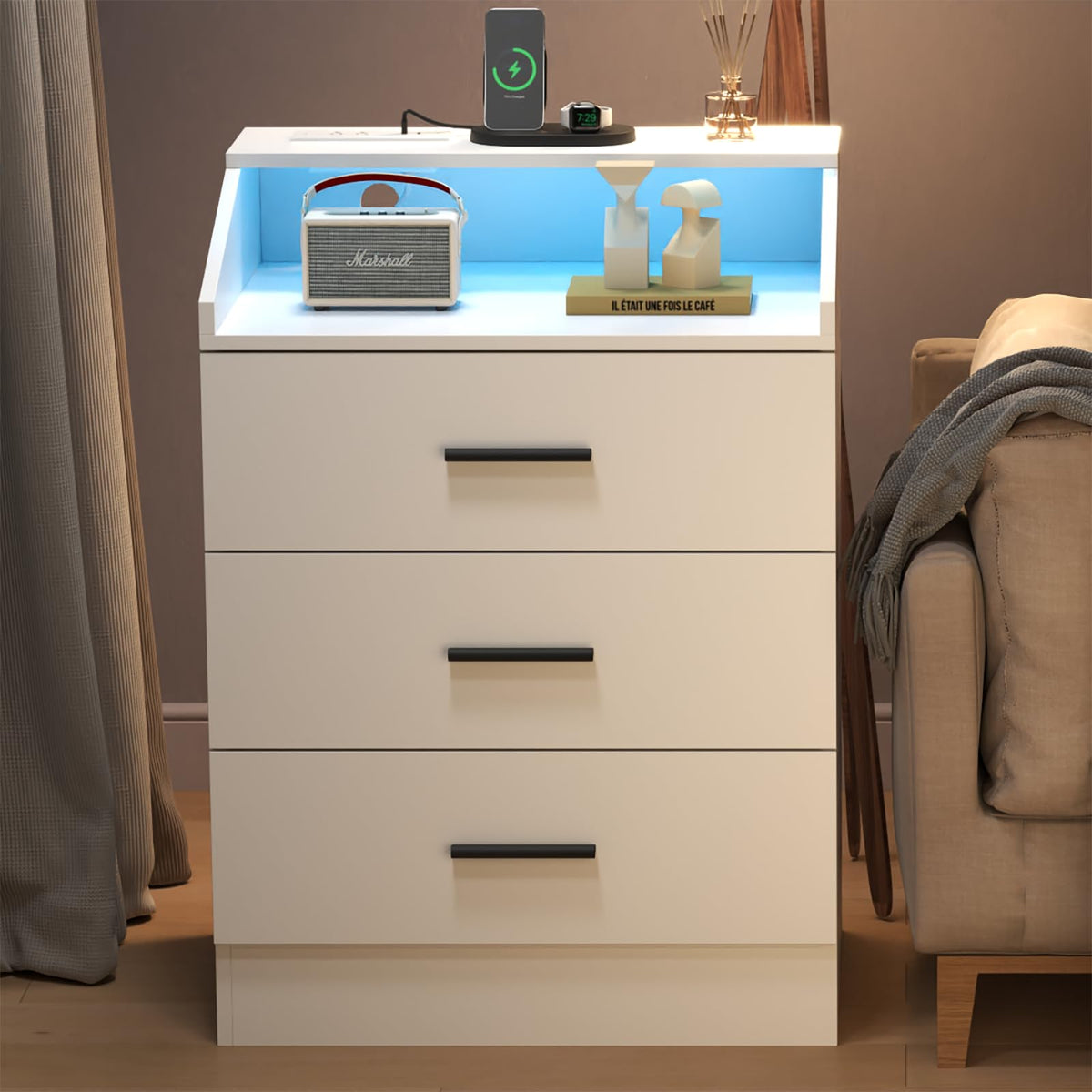 White 3 Drawer Nightstand with Charging Station D41931