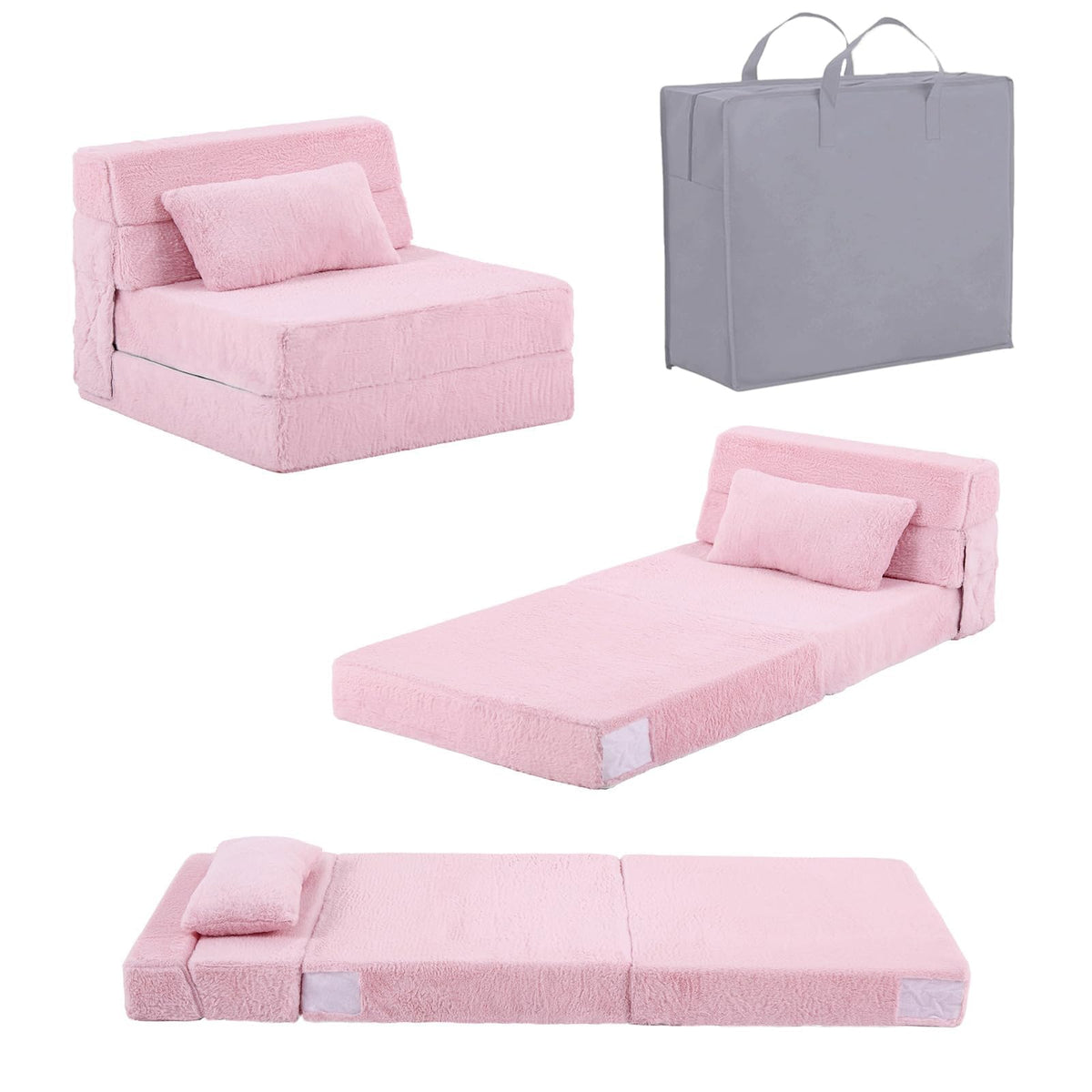 Pink Plush Convertible Folding Kids Sofa Bed with Pillow & Storage Bag J48309