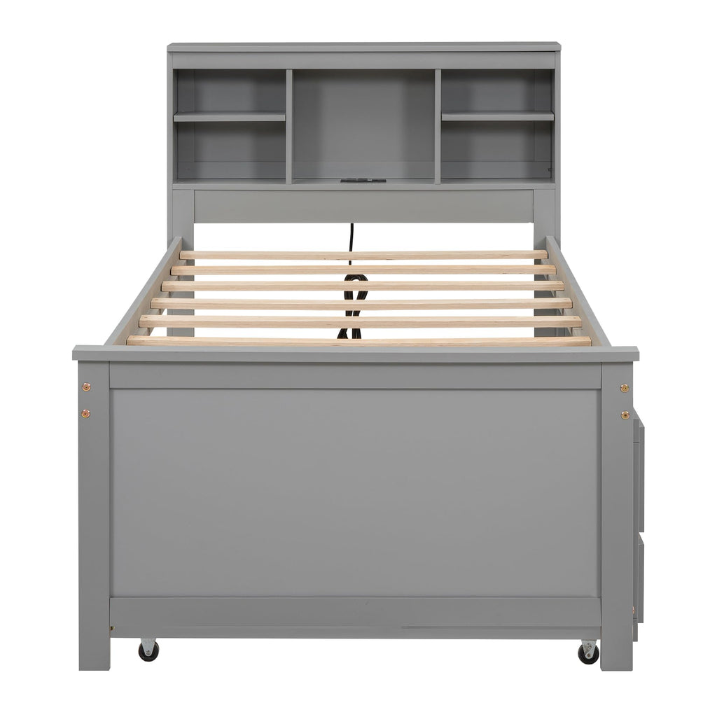 Twin Size Wood Platform Bed with Trundle and 3 Drawers E1215
