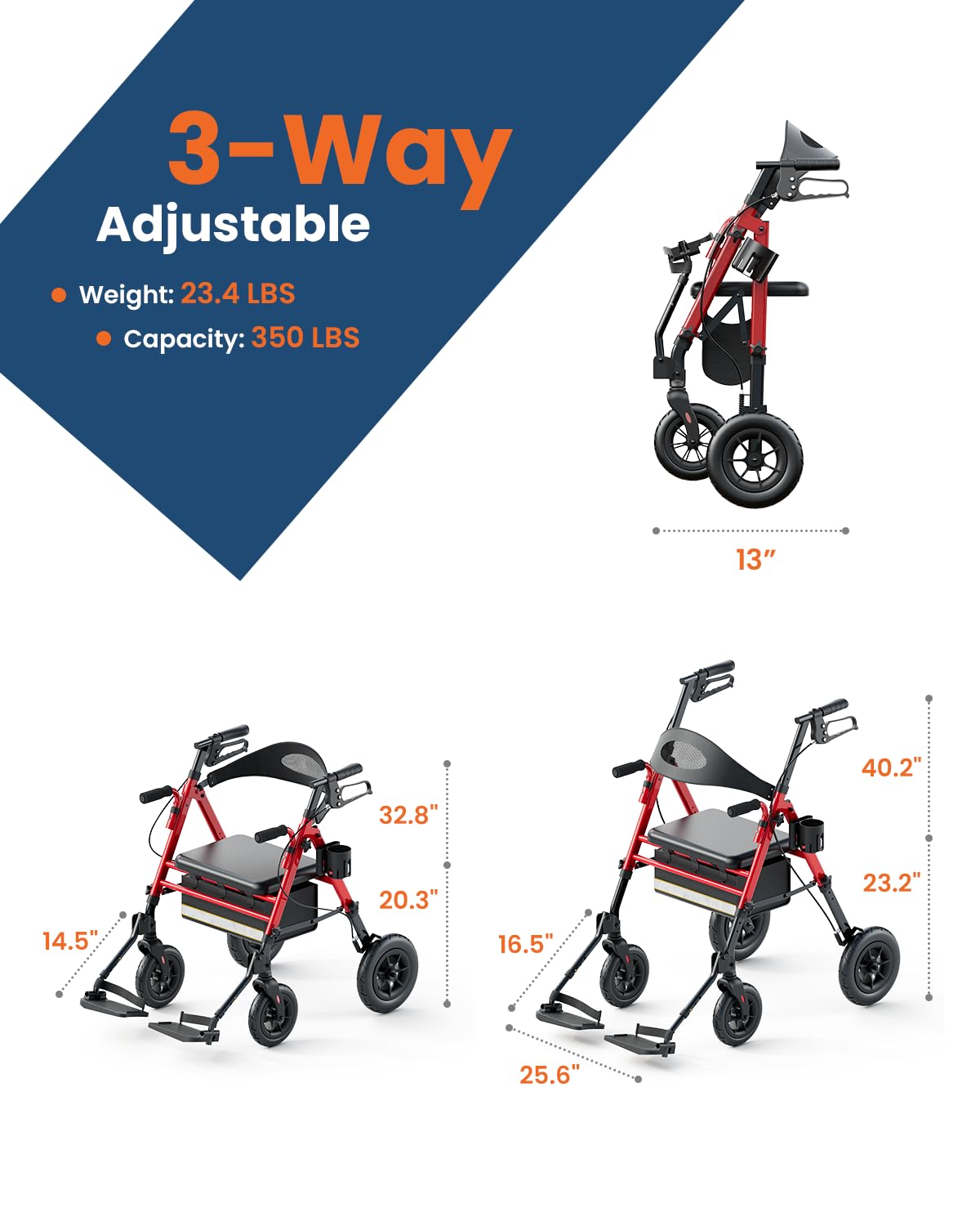 Lightweight Aluminum Folding Rollator & Transport Wheelchair with Seat K3444