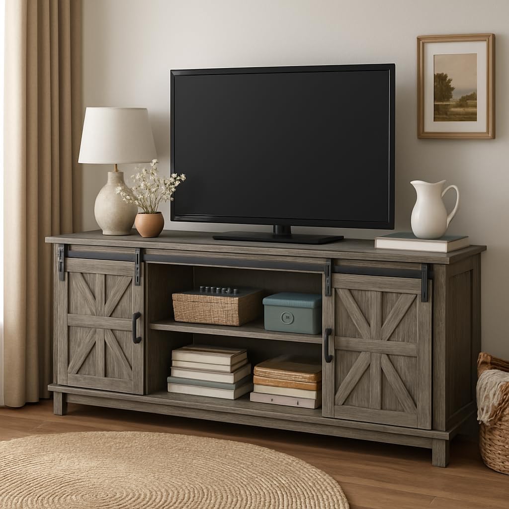 Farmhouse TV Stand Cabinet for 75" Television with Adjustable Shelf & Sliding Barn Doors F7864