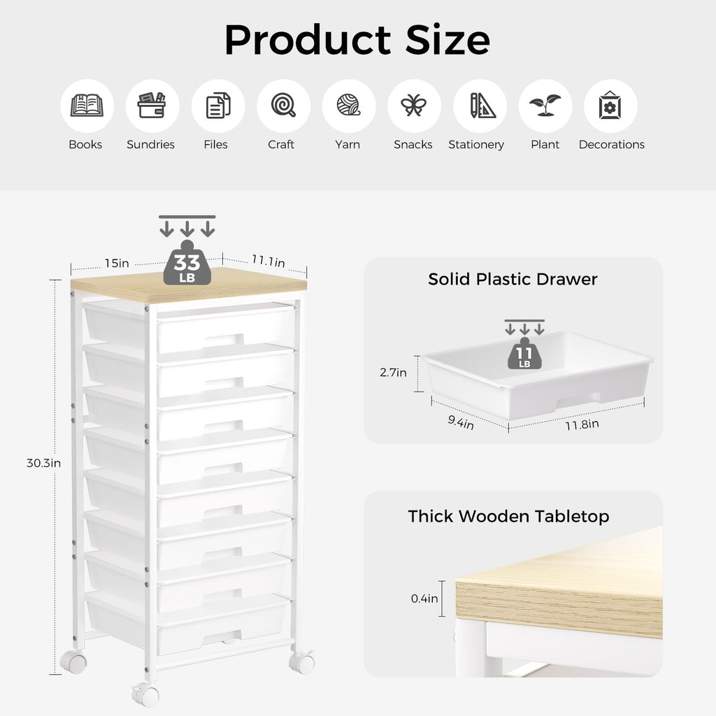 White 8 Drawer Rolling Storage Cart with Wooden Tabletop F479
