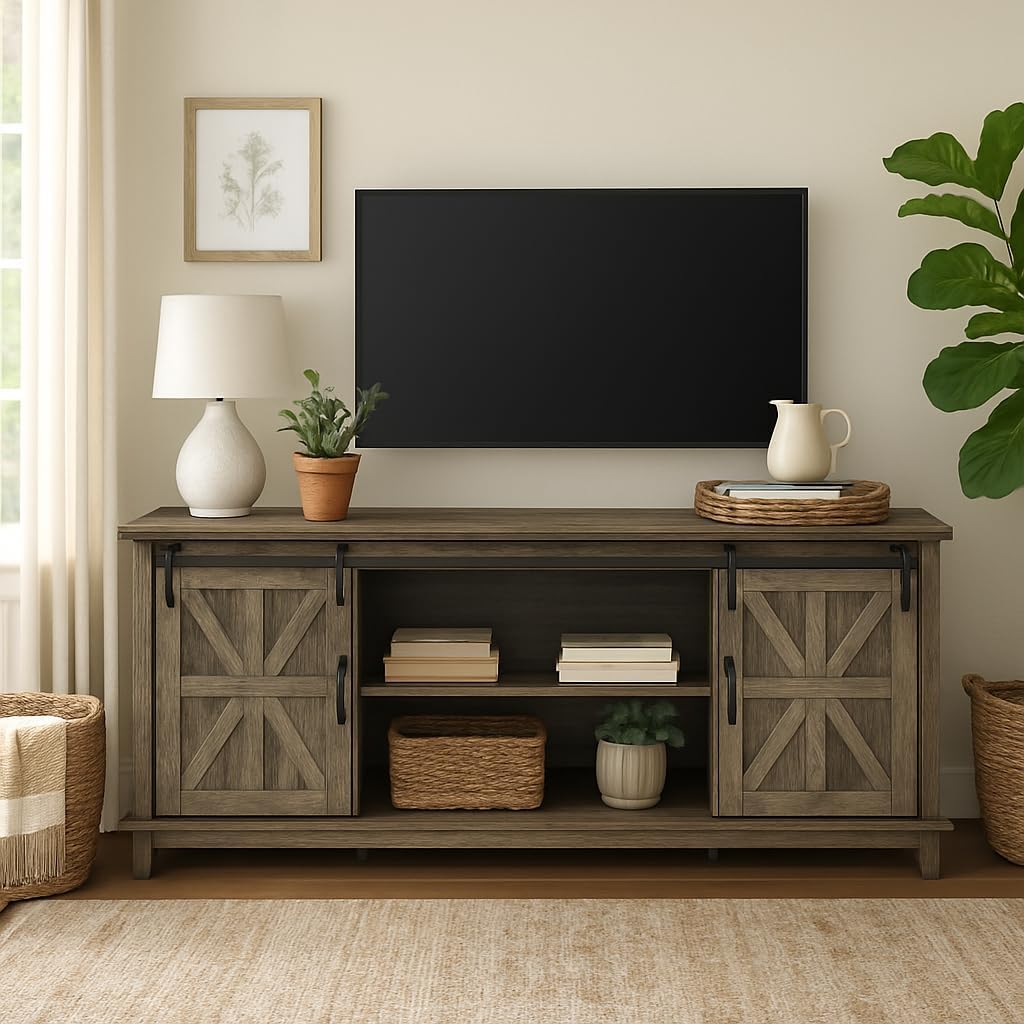 Farmhouse TV Stand Cabinet for 75" Television with Adjustable Shelf & Sliding Barn Doors F7864