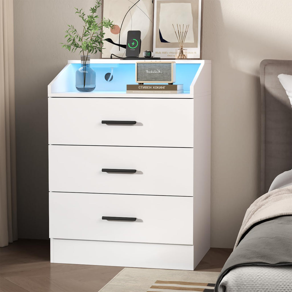 White 3 Drawer Nightstand with Charging Station D41931