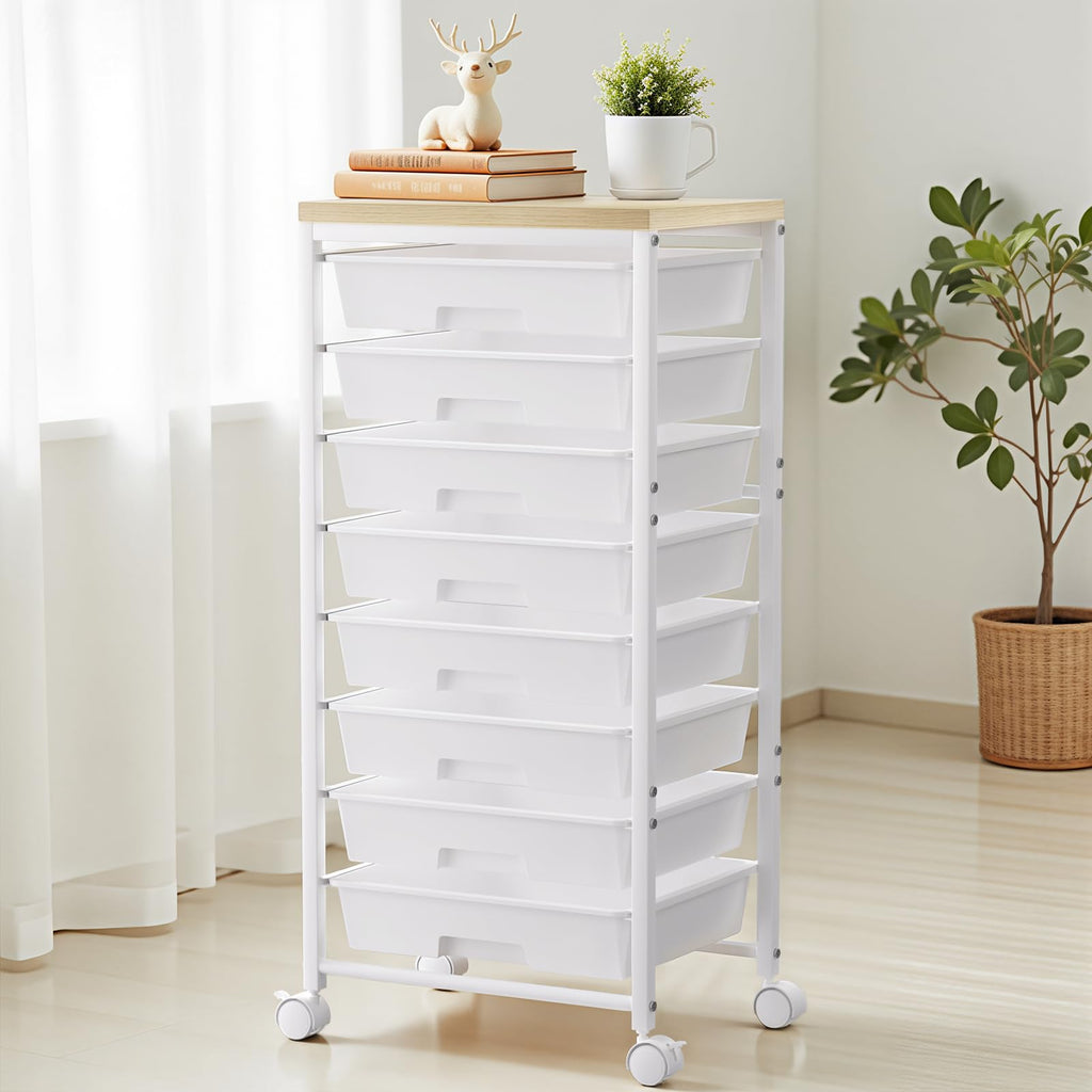 White 8 Drawer Rolling Storage Cart with Wooden Tabletop F479