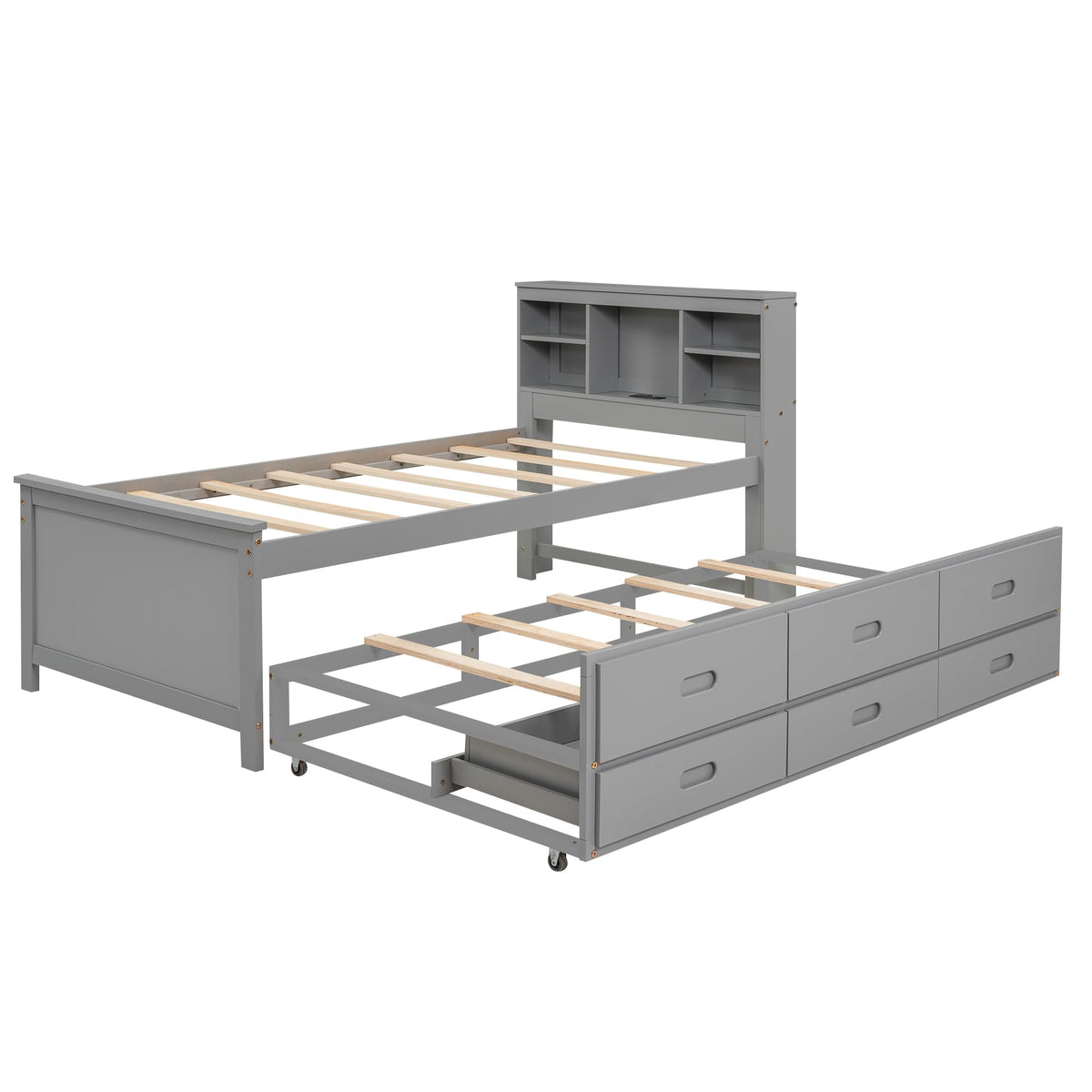 Twin Size Wood Platform Bed with Trundle and 3 Drawers E1215