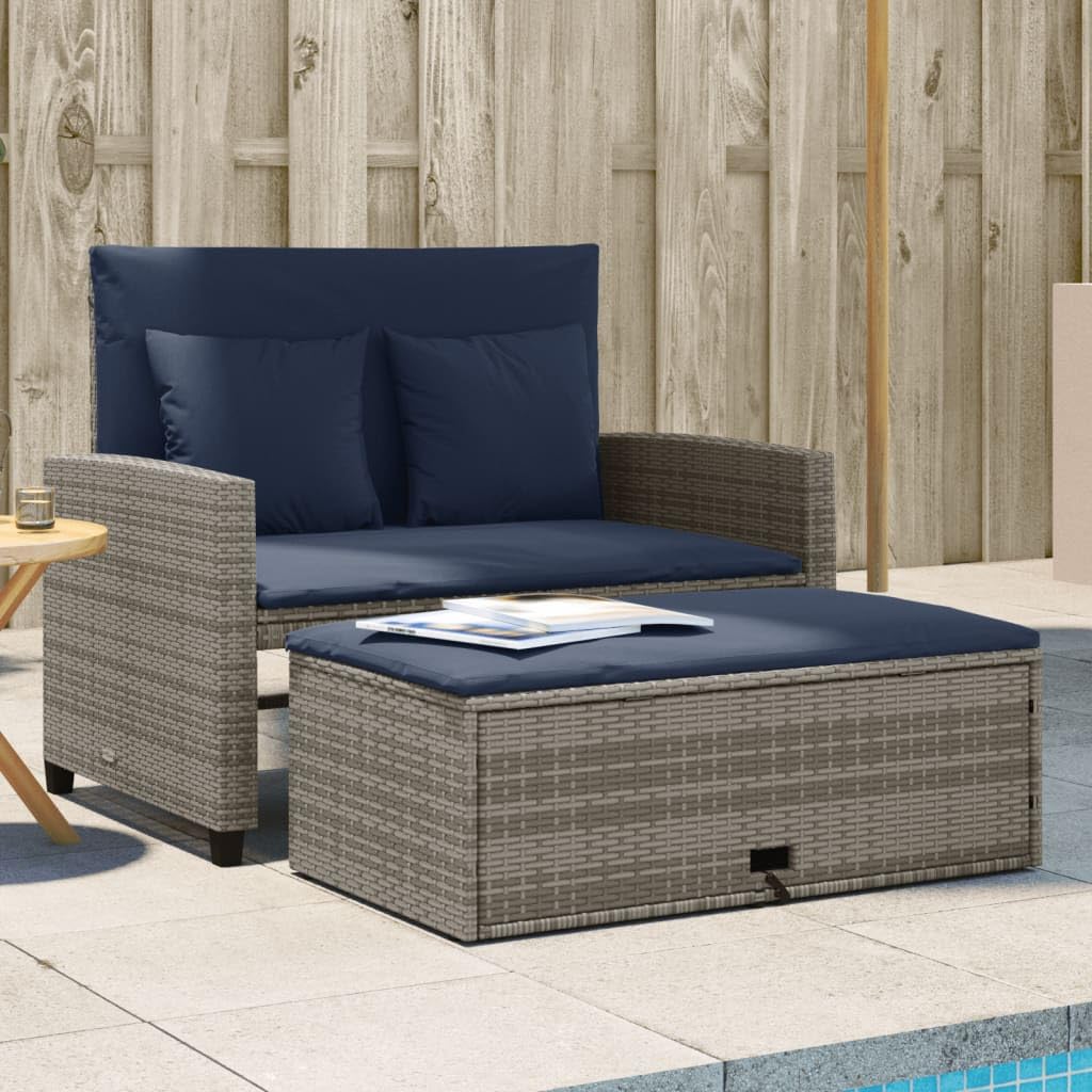 Grey Navy Blue PE Rattan Convertible Sofa Bed with Storage Footstool P672873