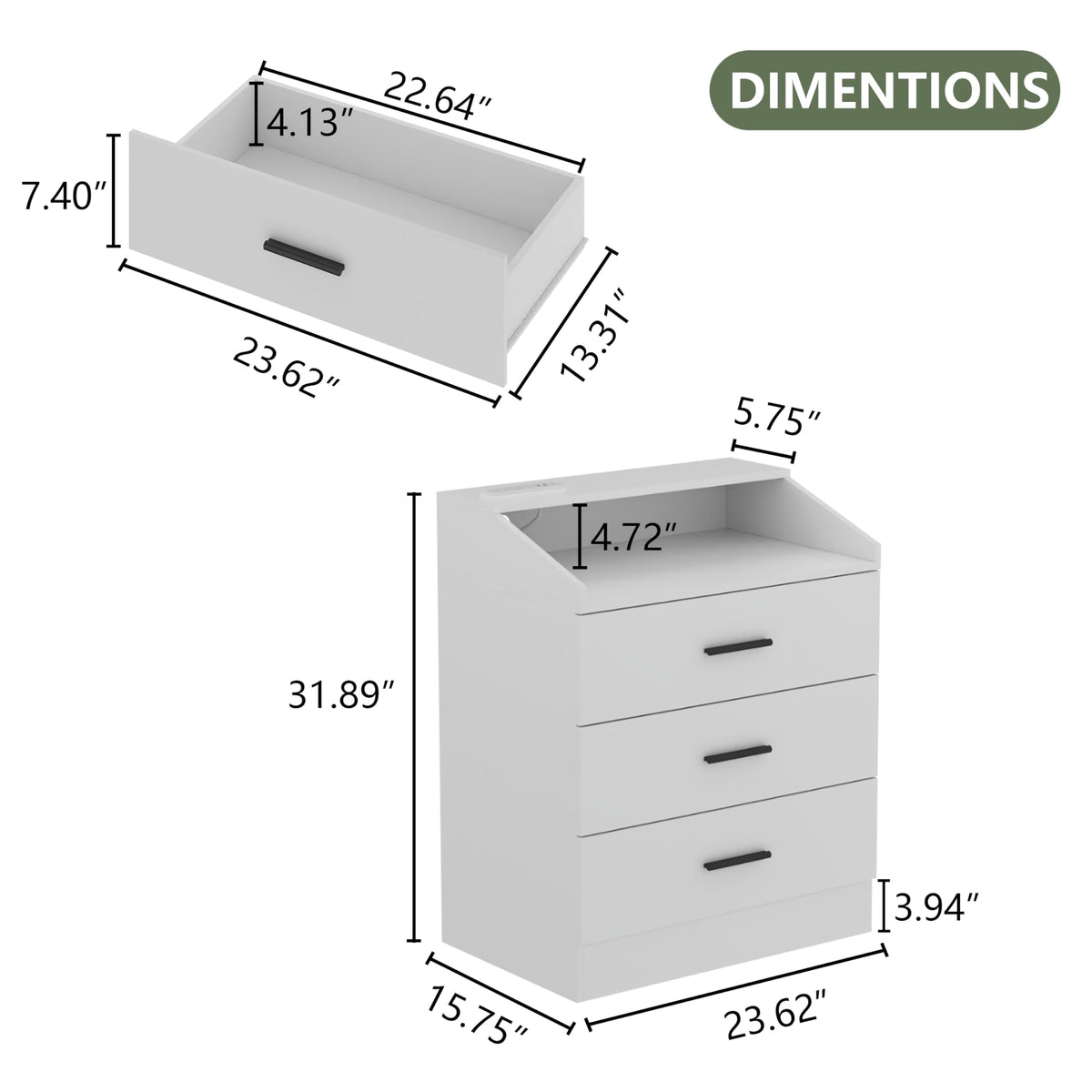 White 3 Drawer Nightstand with Charging Station D41931