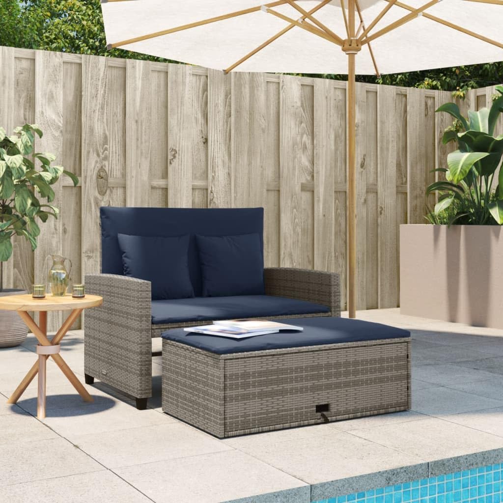 Grey Navy Blue PE Rattan Convertible Sofa Bed with Storage Footstool P672873