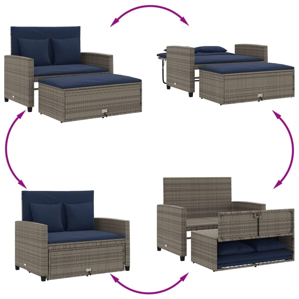 Grey Navy Blue PE Rattan Convertible Sofa Bed with Storage Footstool P672873