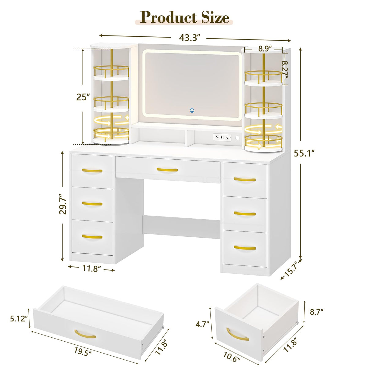 Vanity Desk with Mirror and Lights, 7 Drawers Q7915