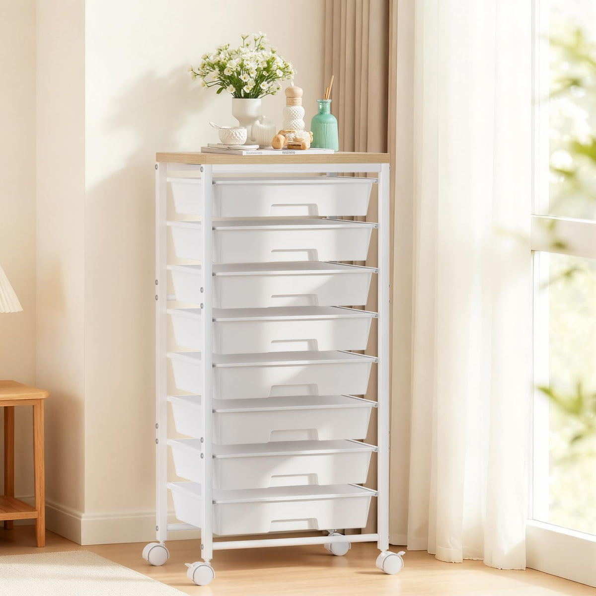 White 8 Drawer Rolling Storage Cart with Wooden Tabletop F479