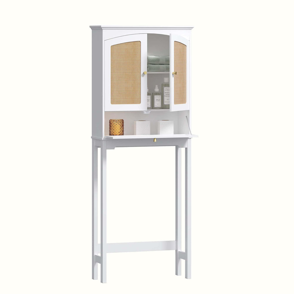 Over the Toilet Storage Cabinet with Arched Rattan Doors, White Q3069