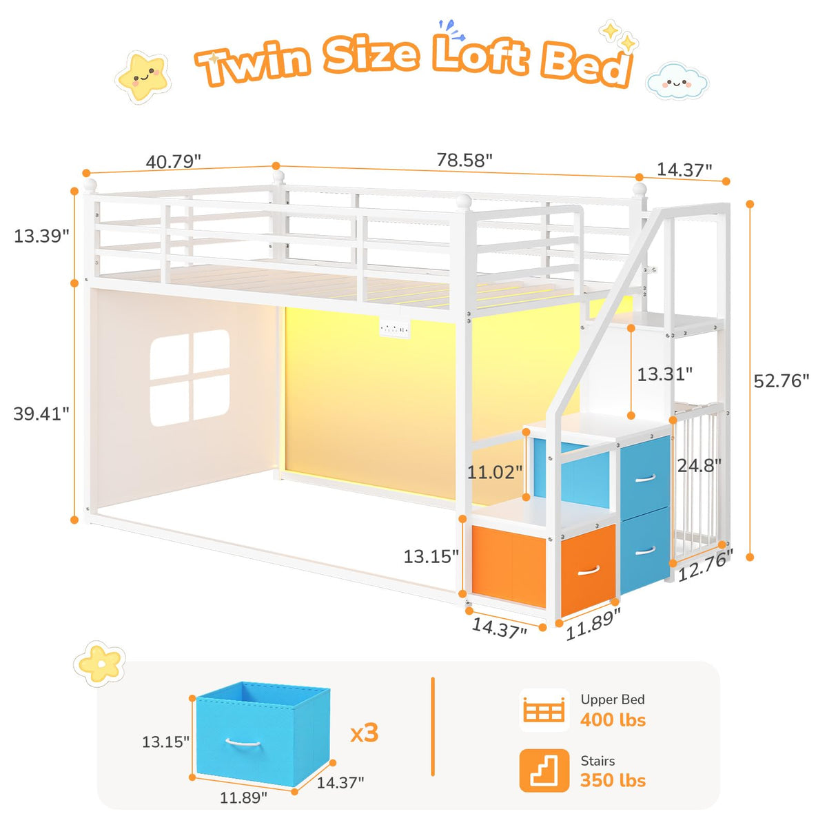 White Twin Over Twin Bunk Bed with Stairs and 3 Storage Drawers I544731