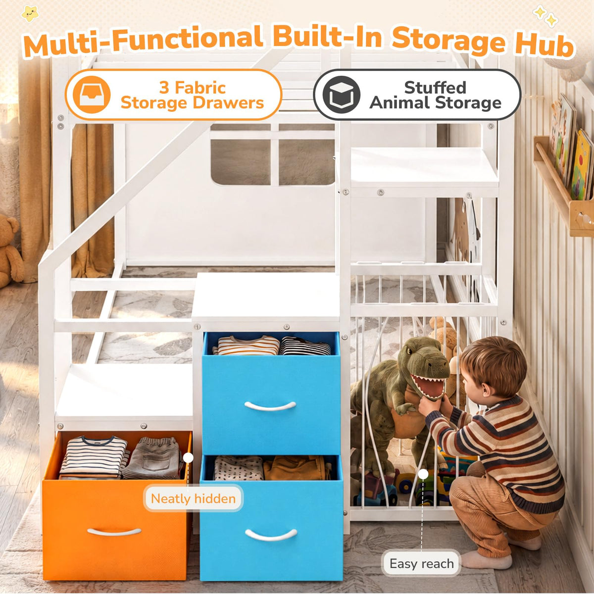 White Twin Over Twin Bunk Bed with Stairs and 3 Storage Drawers I544731