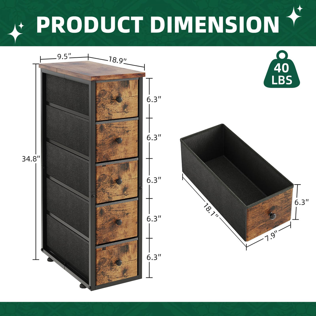 Narrow 5 Fabric Drawers Rustic Brown Dresser R25220