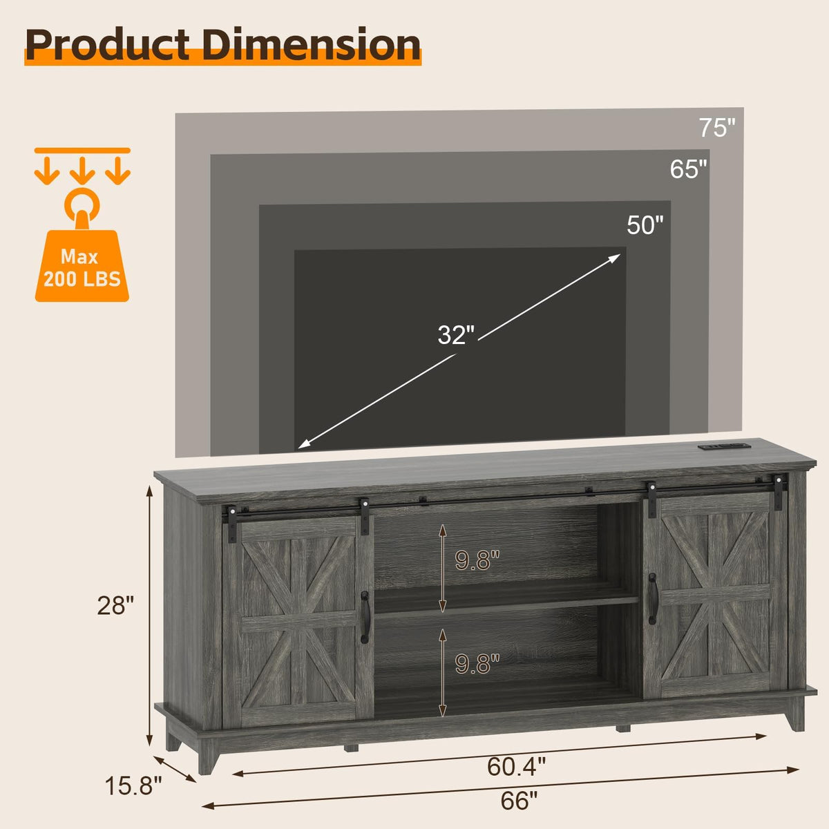 Farmhouse TV Stand Cabinet for 75" Television with Adjustable Shelf & Sliding Barn Doors F7864