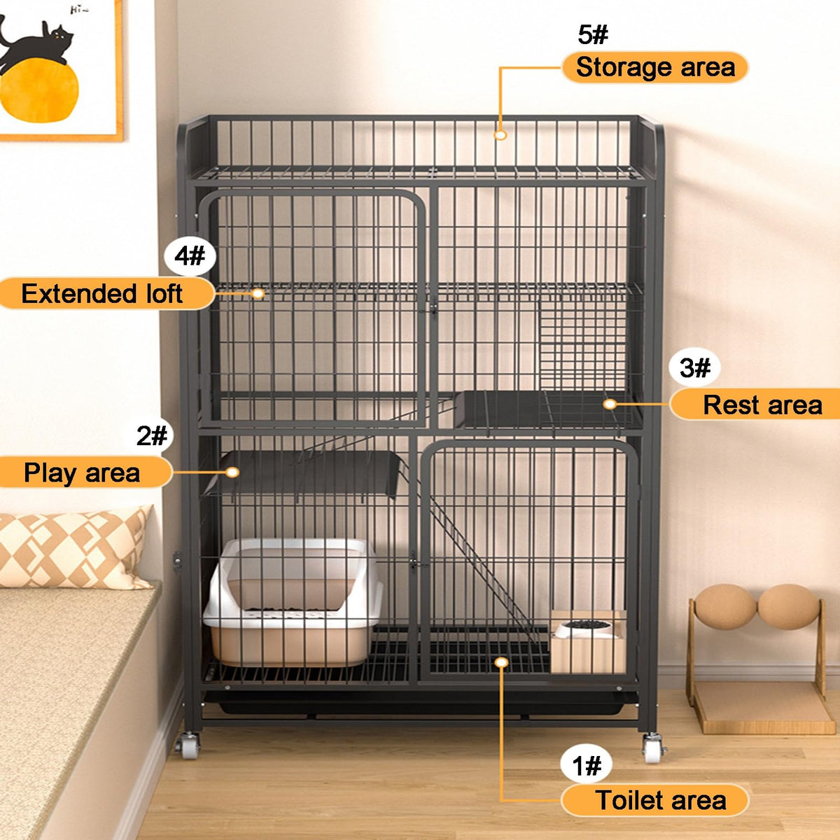 4 Tiers Metal Wire Cat Cage with Wheels V457563