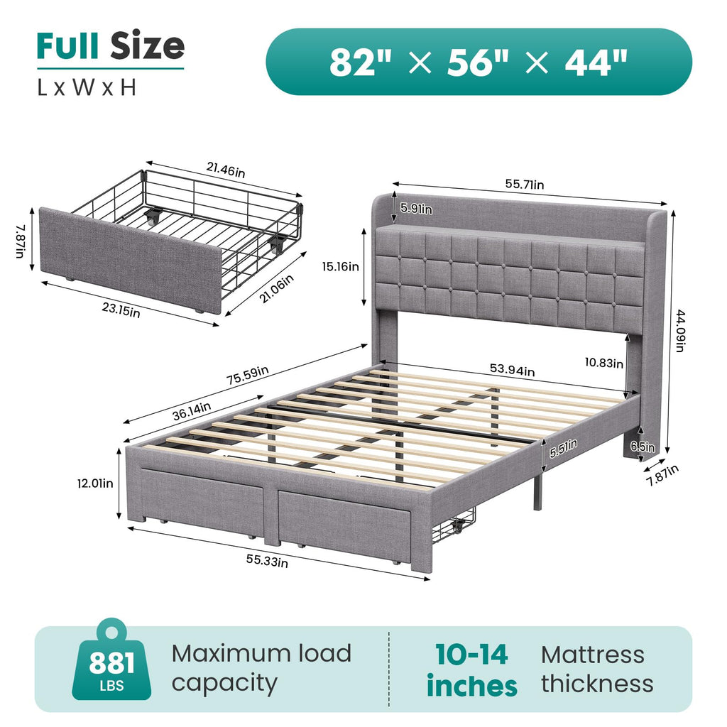 Full Upholstered Platform Bed Frame with Storage Drawers D9309