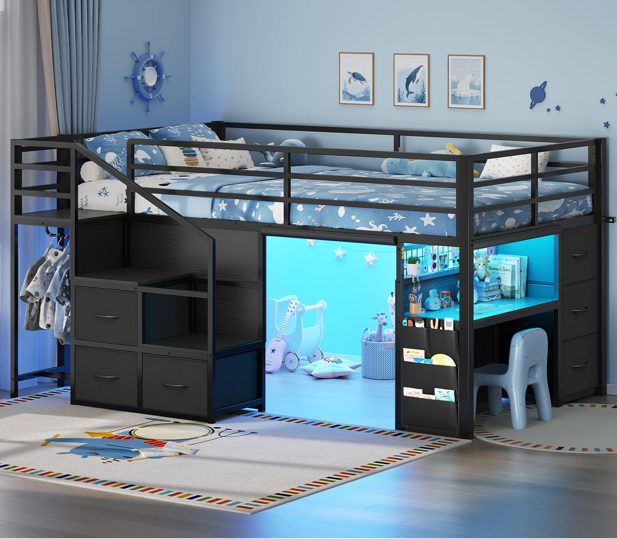 Twin Low Loft Bed with Stairs, Desk, 6 Storage Drawers, Black M216