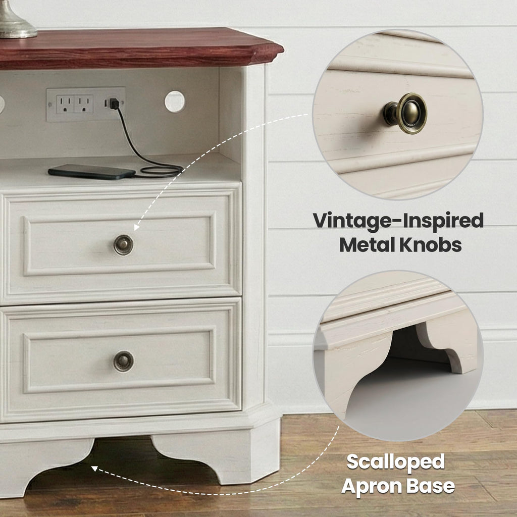 White Set of 2 Nightstand with Charging Station, 2 Drawers and Open Shelf E66839