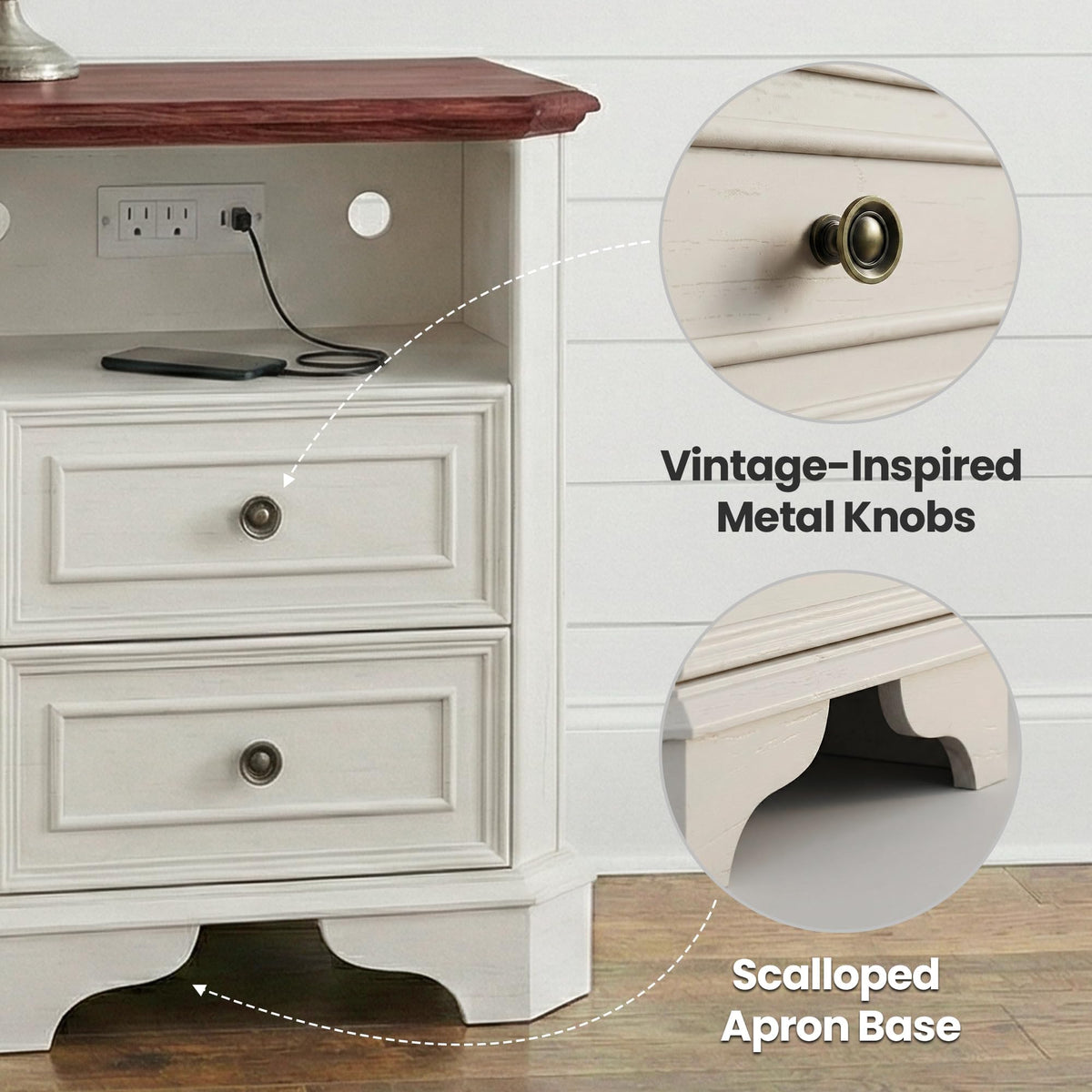 White Set of 2 Nightstand with Charging Station, 2 Drawers and Open Shelf E66839