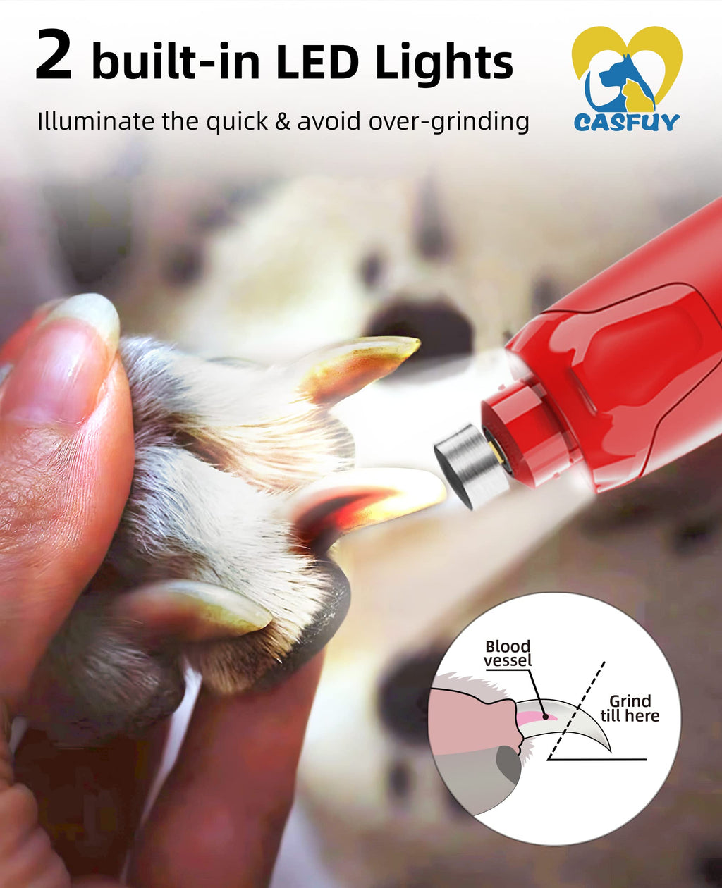 Quiet 6-Speed Rechargeable Electric Dog Nail Grinder with 2 LED Lights N63043