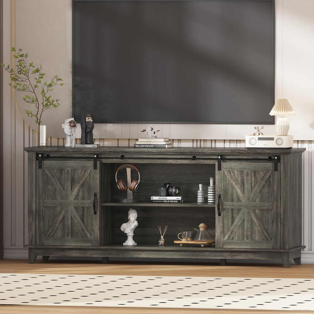 Farmhouse TV Stand Cabinet for 75" Television with Adjustable Shelf & Sliding Barn Doors F7864
