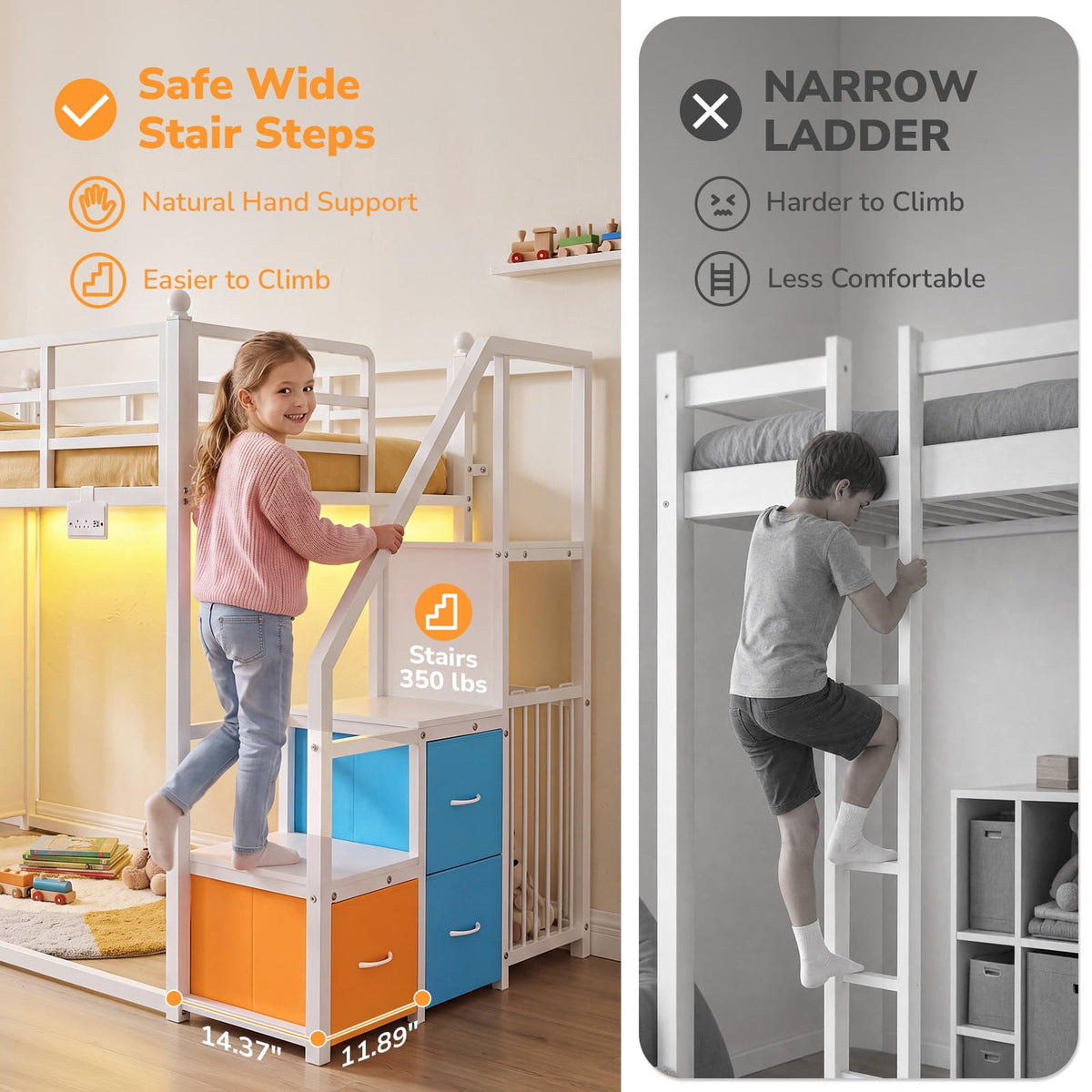 White Twin Over Twin Bunk Bed with Stairs and 3 Storage Drawers I544731