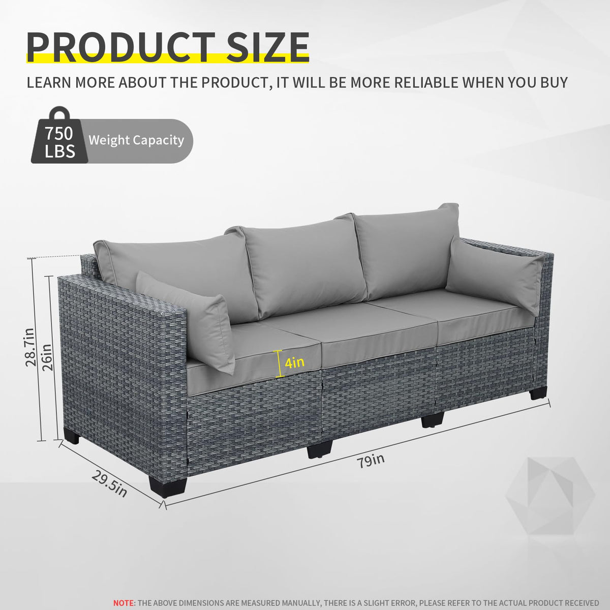 Light Grey Wicker 3-seat Outdoor Sofa with Cushions P513
