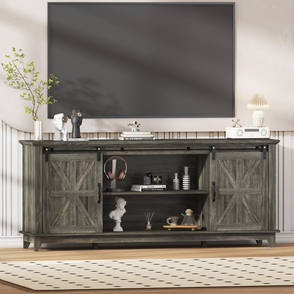 Farmhouse TV Stand Cabinet for 75" Television with Adjustable Shelf & Sliding Barn Doors F7864