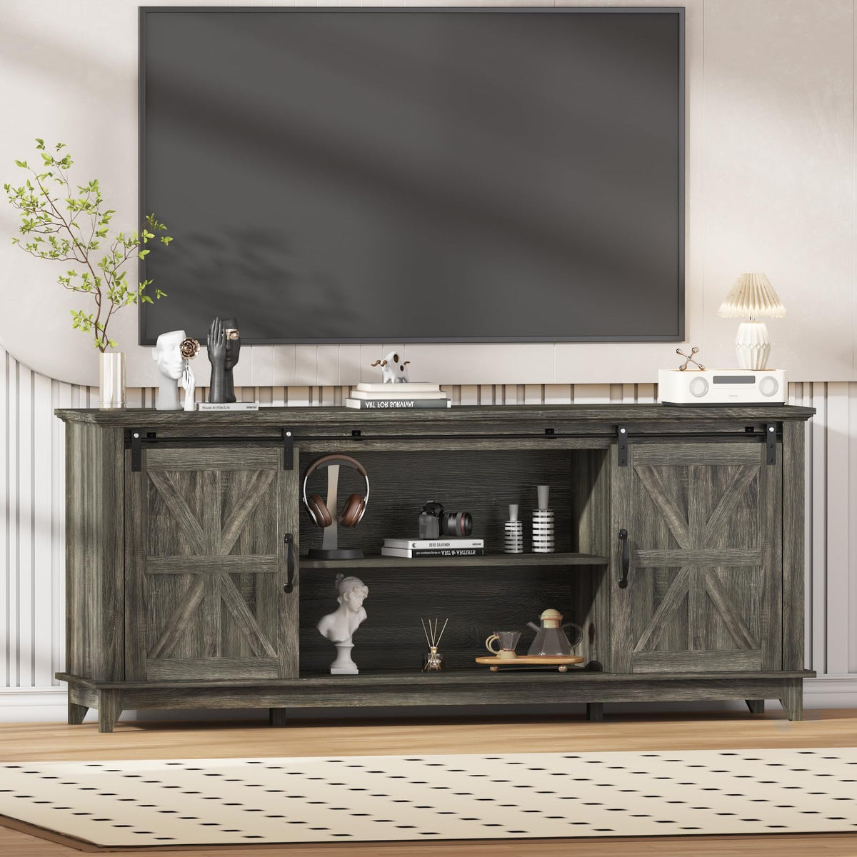 Farmhouse TV Stand Cabinet for 75" Television with Adjustable Shelf & Sliding Barn Doors F7864
