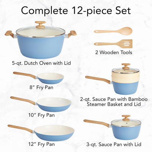 12-Piece Light Blue Ceramic Titanium-Infused Nonstick Cookware Set I768408