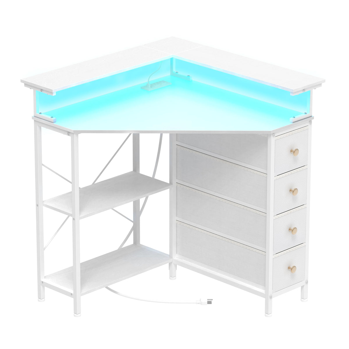 White Corner Desk with Drawers Shelves and Power Outlets I519