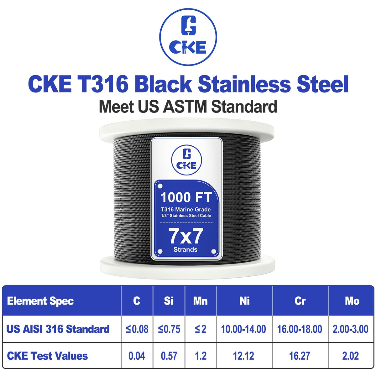 1000FT 1/8" Black T316 Stainless Steel Cable J15505