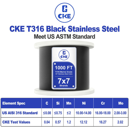 1000FT 1/8" Black T316 Stainless Steel Cable J15505