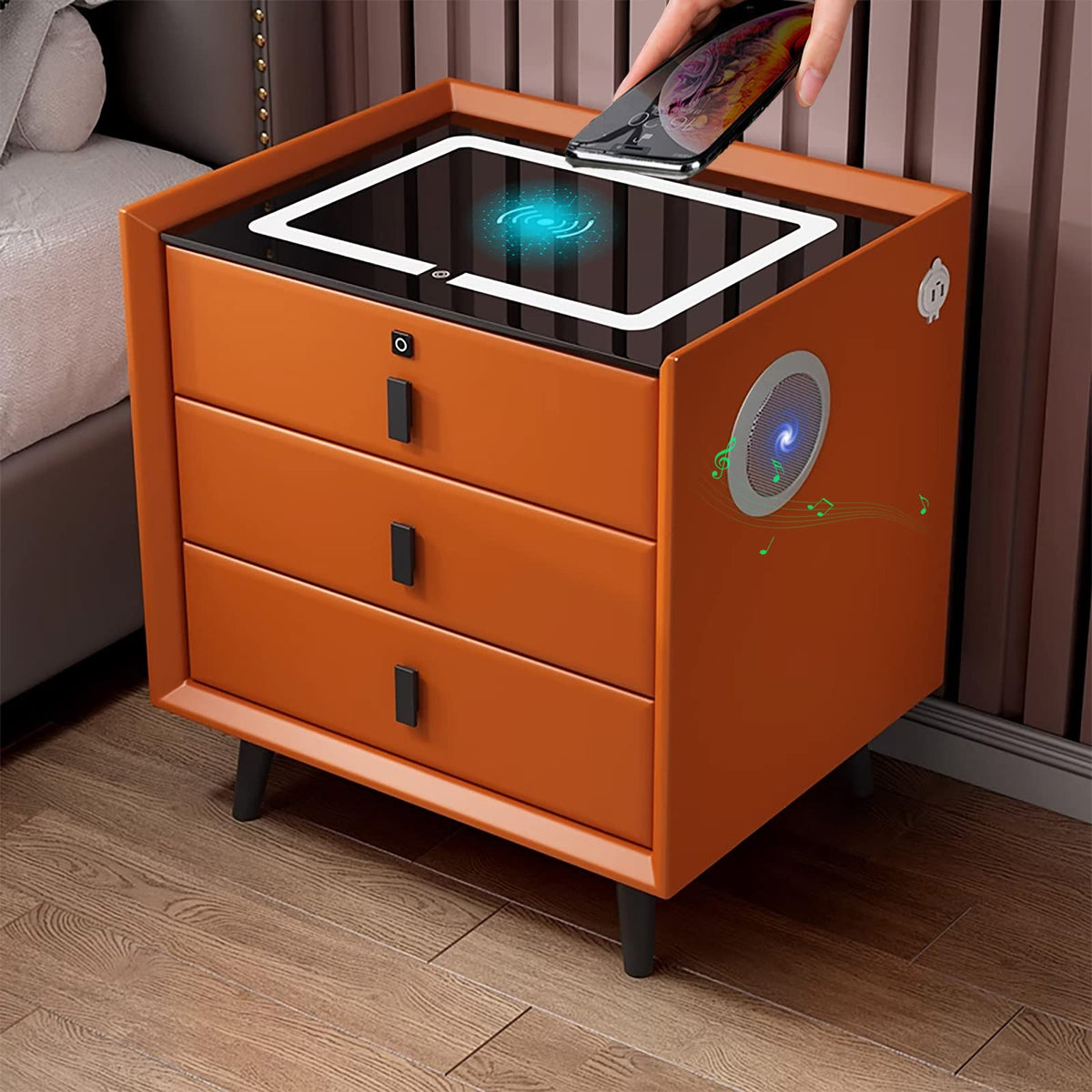 Orange 3 Drawer Wooden Nightstand with Wireless Charging A971