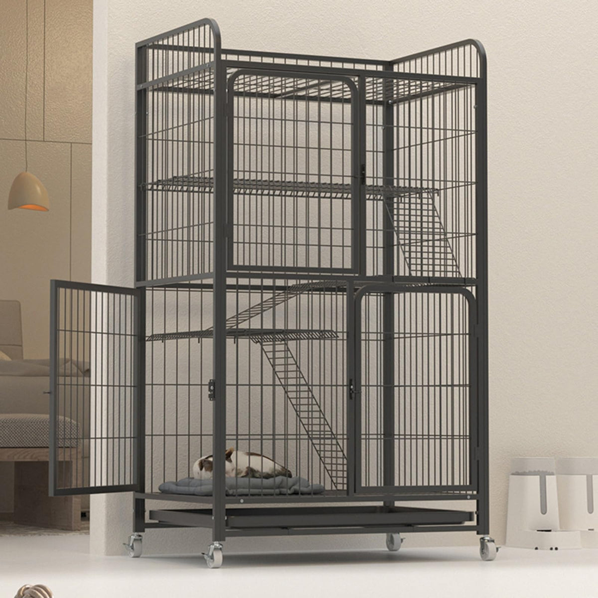4 Tiers Metal Wire Cat Cage with Wheels V457563