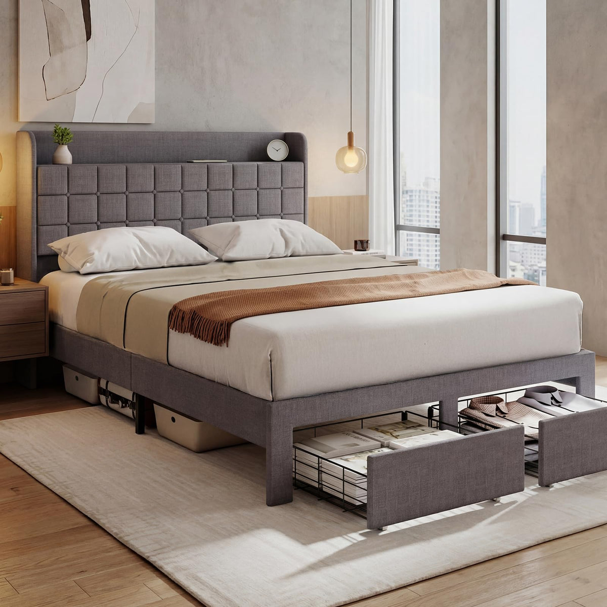 Full Upholstered Platform Bed Frame with Storage Drawers D9309