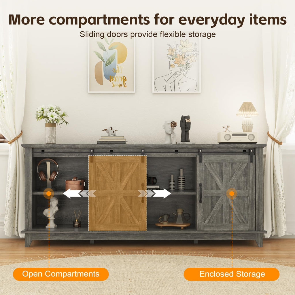 Farmhouse TV Stand Cabinet for 75" Television with Adjustable Shelf & Sliding Barn Doors F7864