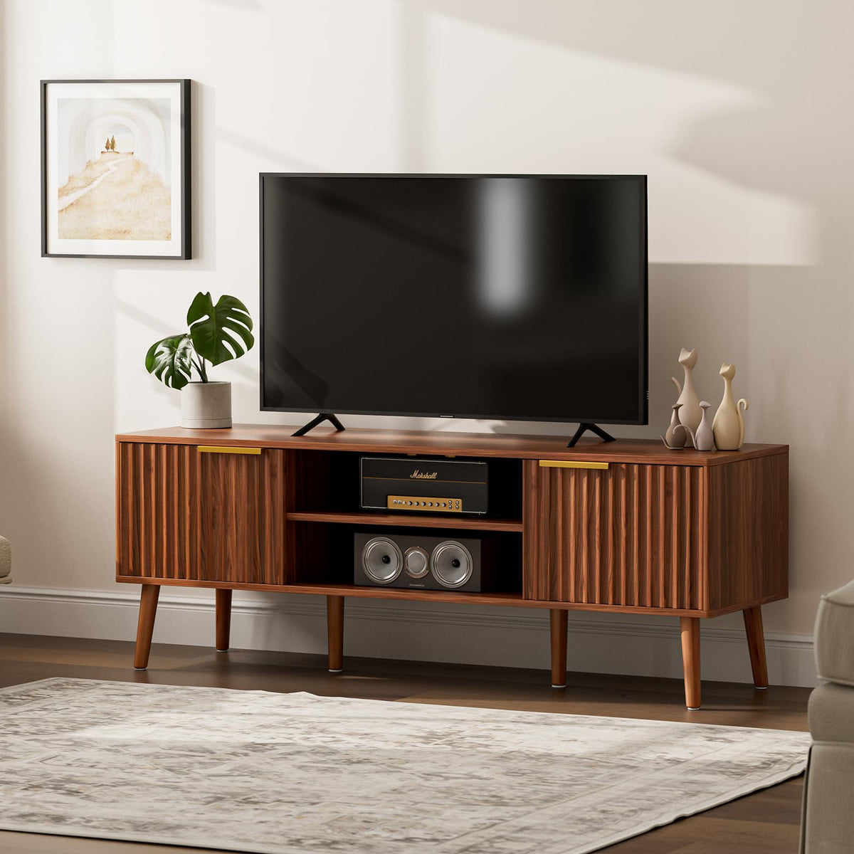 Walnut TV Stand with Fluted Doors F54784