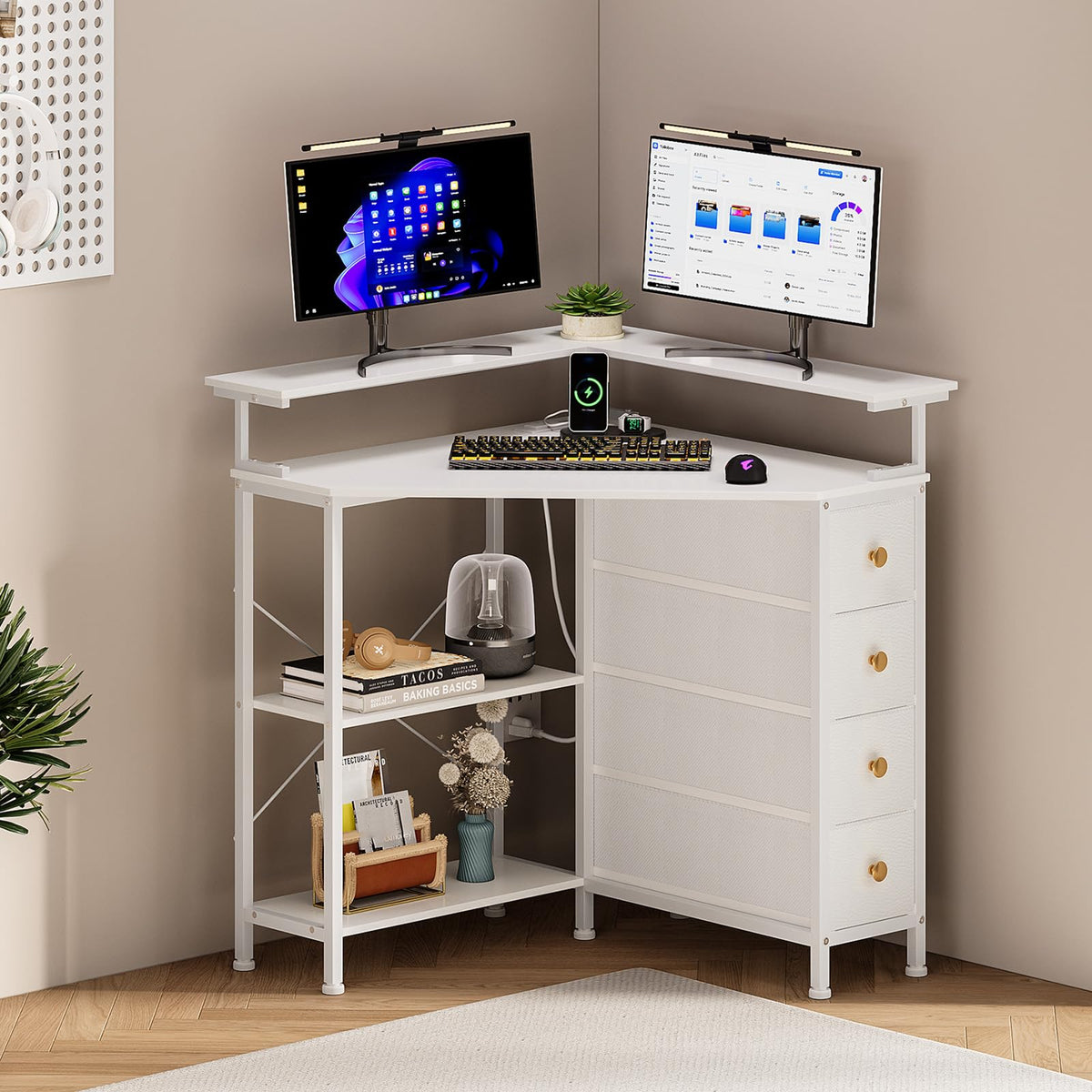 White Corner Desk with Drawers Shelves and Power Outlets I519